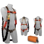 Harness & Lanyard Kit  fall, protection, ansi, osha, approved, bag, all in 1, all-in-one, fully adjustable design, pull-free lanyard rings, lightweight, durable polyester webbing, comfort, dependable, back D-ring, Sub-pelvic strap, mating buckle leg strap, chest and shoulder straps, universal, maximum, working capacity rated