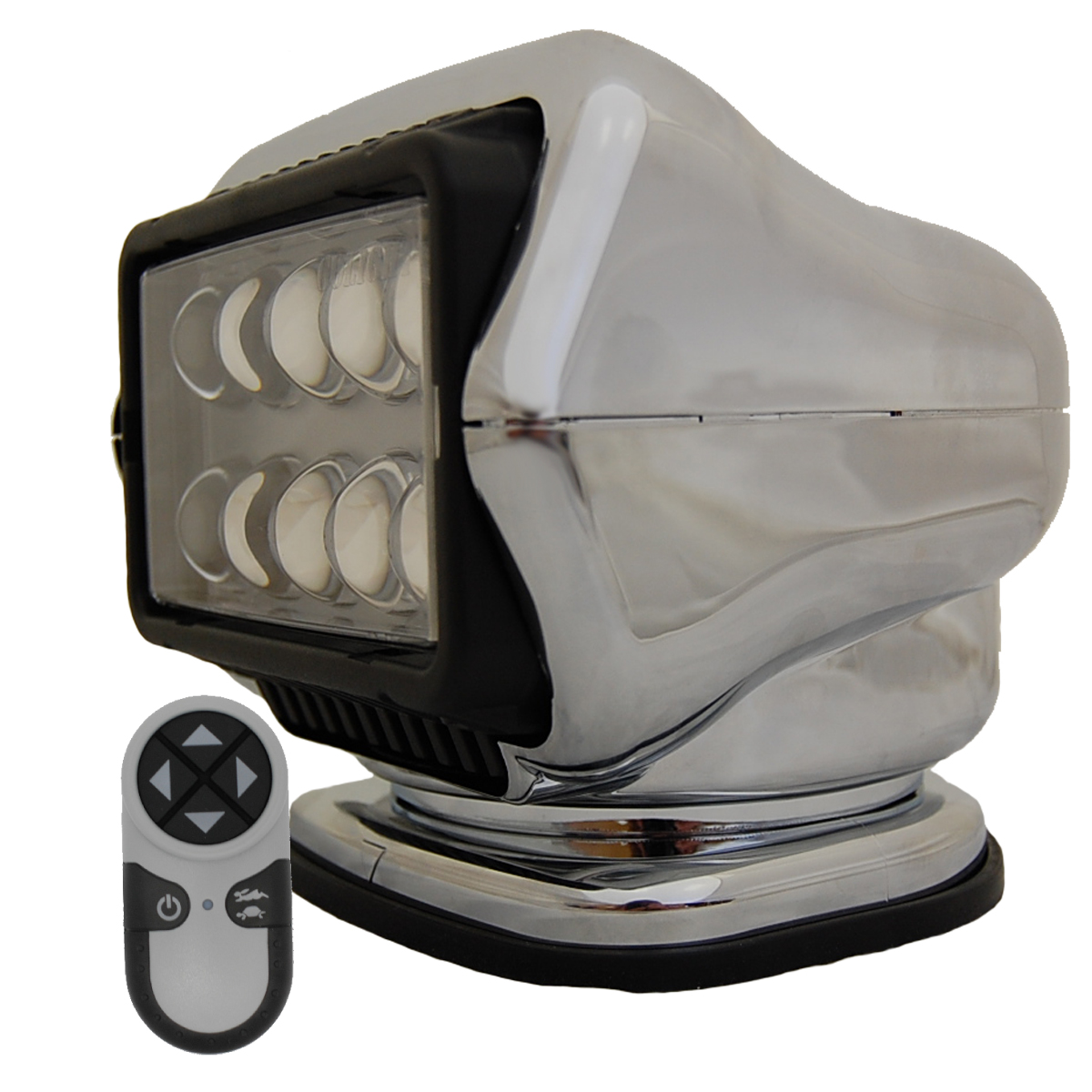 STRYKER - LED Remote Control Searchlight With Wireless Handheld Remote - Chrome 30064ST Stryker, Lights, lighting, wireless, remote, searchlight, searchlights, mount, mounting, search, light, safety, LED, Halogen, beam, light beam, search & rescue, rescue, search and rescue, CERT, emergency, spotlight, spot light, agriculture, farm, farming, farmer, outdoor, nighttime, outdoor activities, camp, camping, hunting, boating, off-roading, offroading, event lights, event lighting, lighting, fire, police, municipal, tow, towing, plow, plowing, snow plow, truck lights, rv, RV, recreation, recreation vehicle, law enforcement, marine lighting, work vehicle lights, golight, Golight, Golite, golite, radioray, Radioray, radio, ray, vehicle, truck, automotive, heavy equipment, floodlight, flood, light